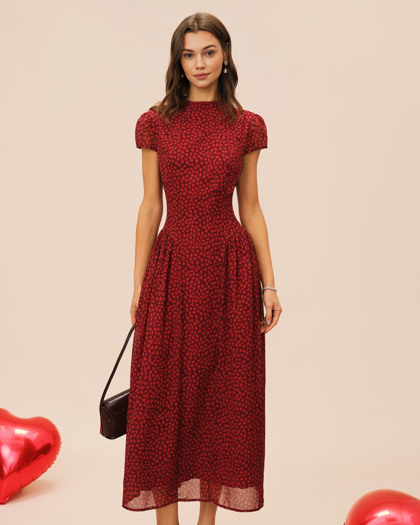 Red Cap Sleeve Floral Maxi Dress