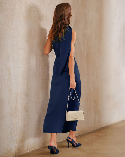 Navy One Shoulder A-Line Maxi Dress