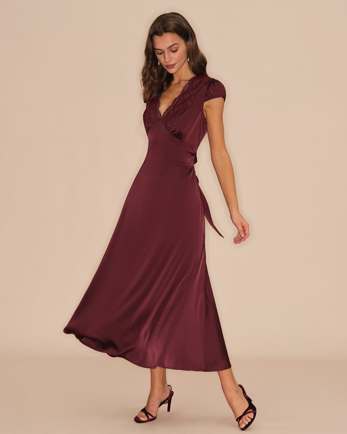 Wine Red V Neck Lace Maxi Dress