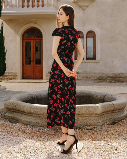 Black Floral V Neck Maxi Dress