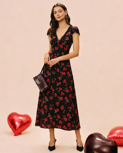 Black Floral V Neck Maxi Dress