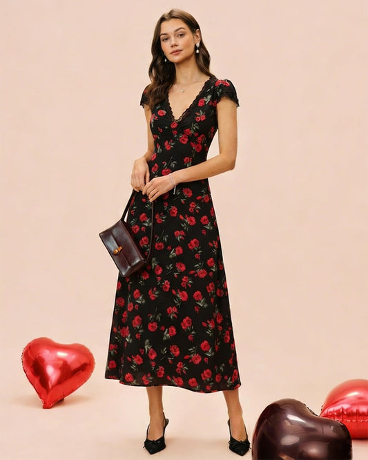 Black Floral V Neck Maxi Dress