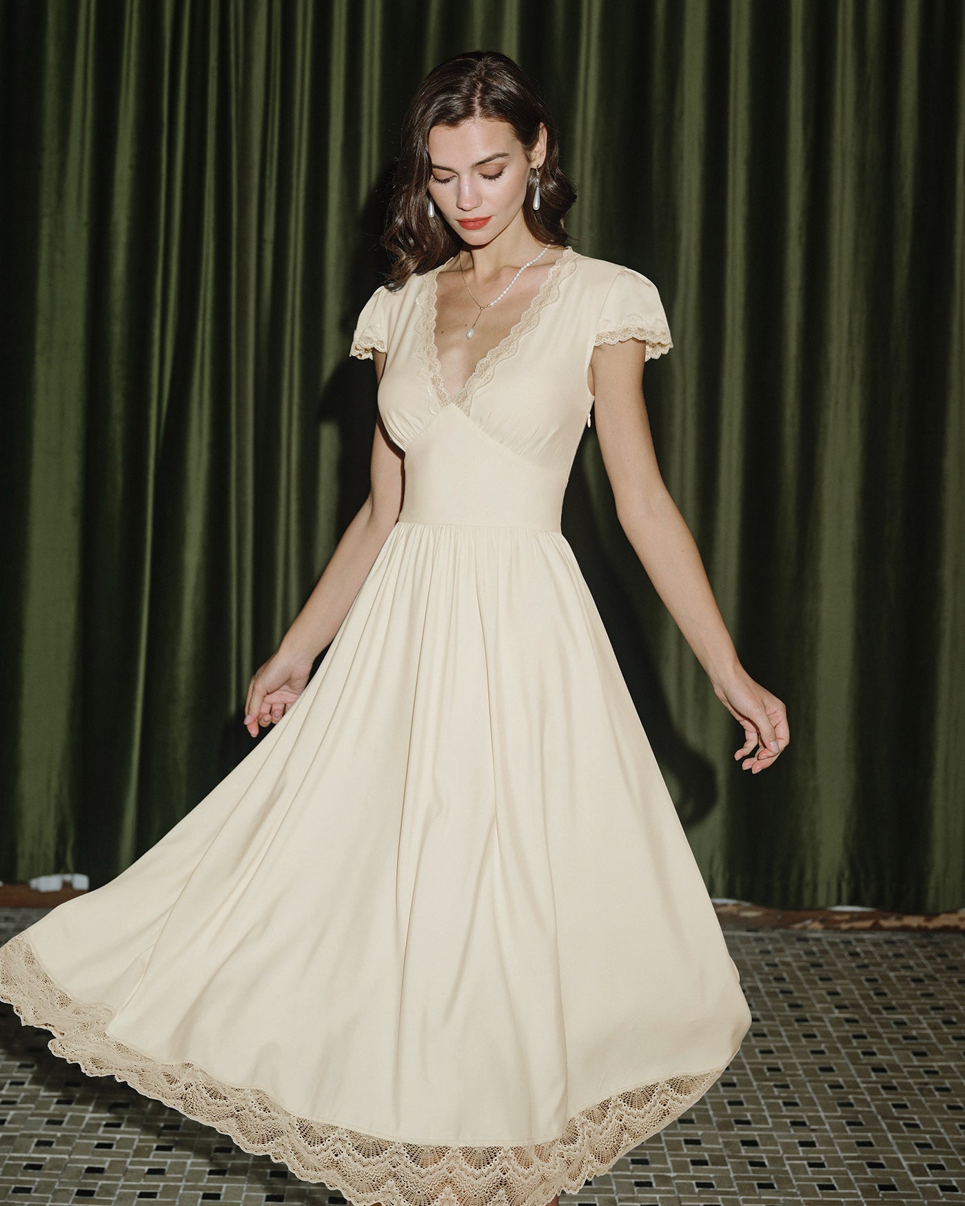 Apricot V Neck Lace Maxi Dress