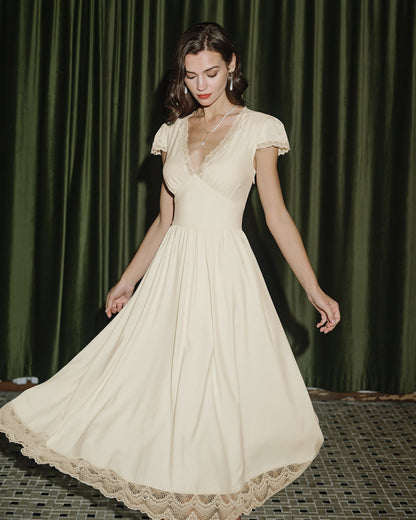 Apricot V Neck Lace Maxi Dress