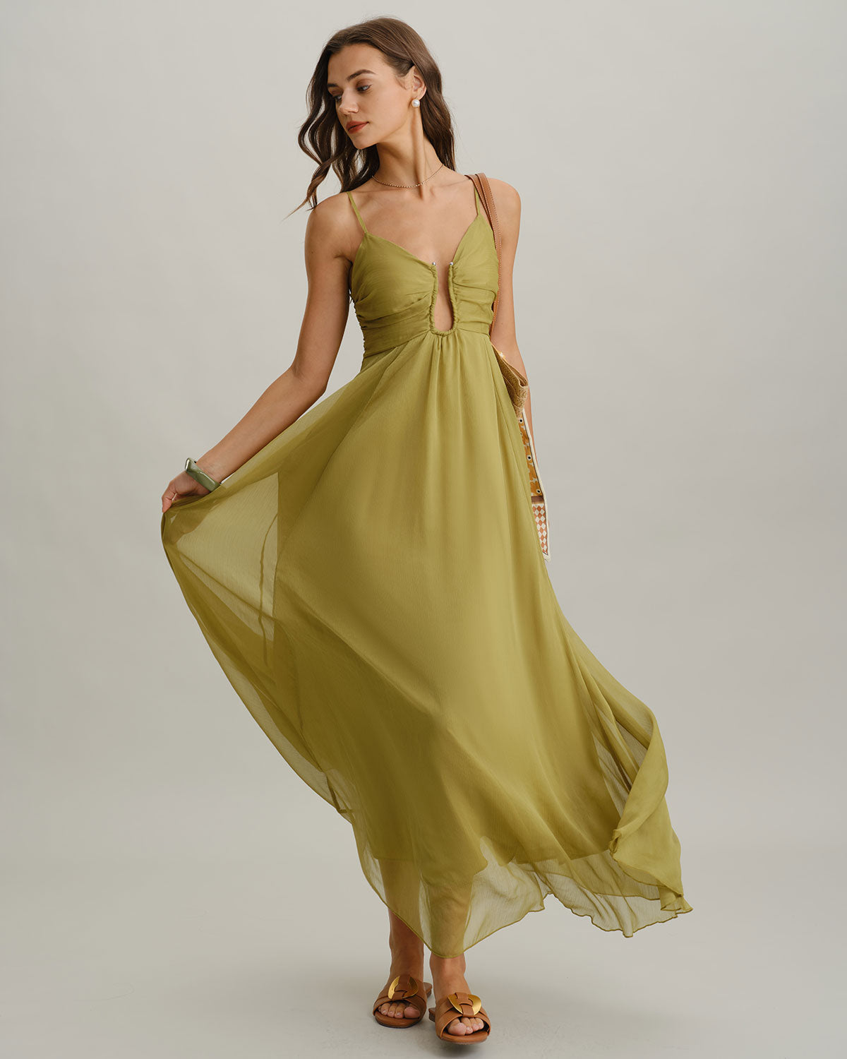 Green Ruched Slip Maxi Dress