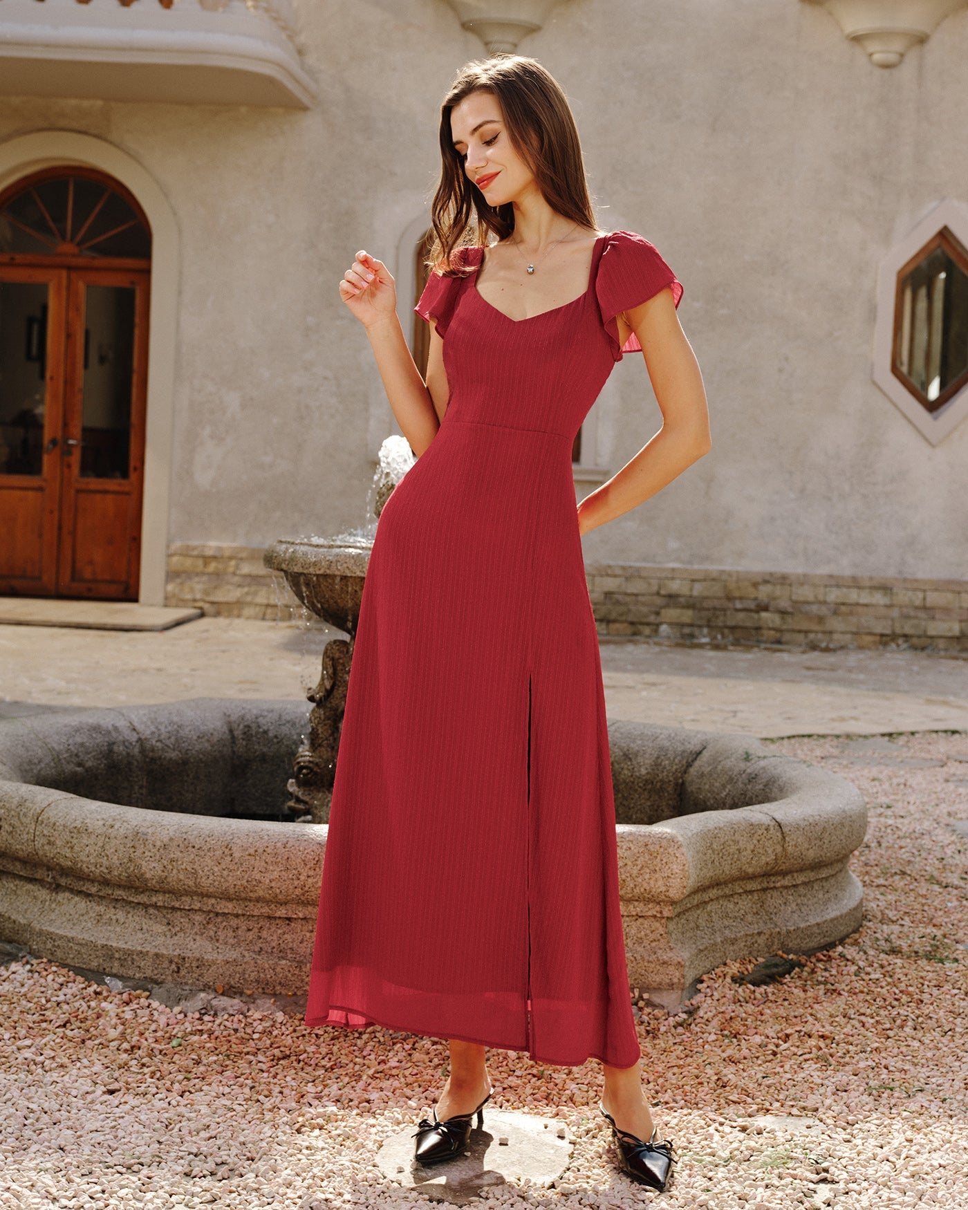 Red Sweetheart Neck Jacquard Maxi Dress