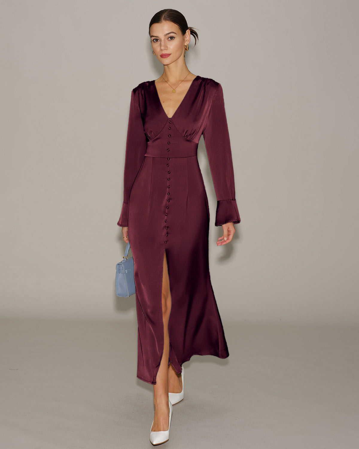 Wine Red V Neck Satin Maxi Dress