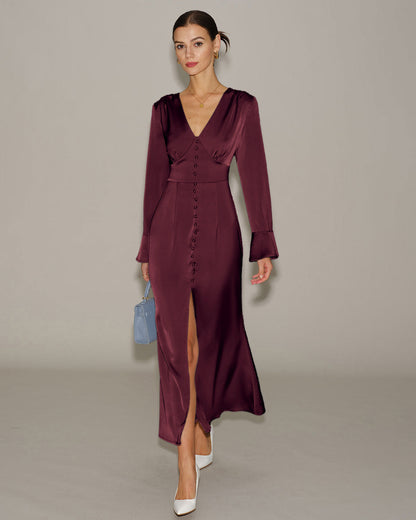 Wine Red V Neck Satin Maxi Dress