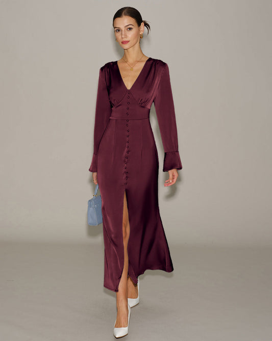 Wine Red V Neck Satin Maxi Dress
