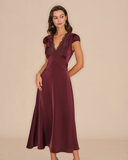 Wine Red V Neck Lace Maxi Dress