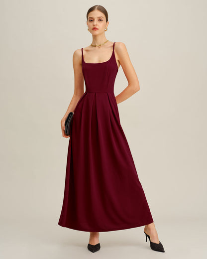 Wine Red Pleated Slip Maxi Dress