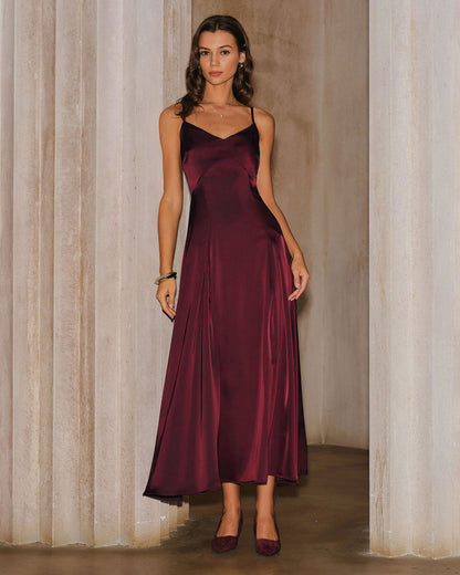 Wine Red Satin A-Line Slip Maxi Dress