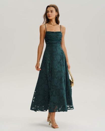 Green Jacquard A-Line Slip Maxi Dress