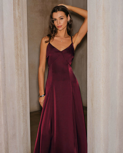 Wine Red Satin A-Line Slip Maxi Dress