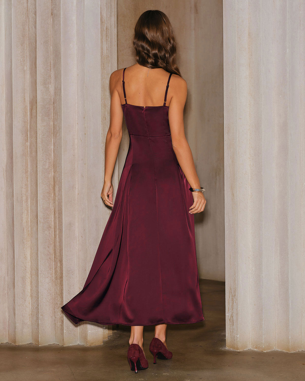 Wine Red Satin A-Line Slip Maxi Dress