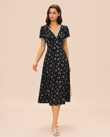 Black V Neck Lace Floral Midi Dress