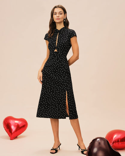 Black Mandarin Collar Polka Dot Midi Dress