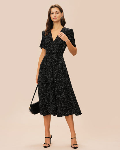Black V Neck Polka Dot Midi Dress