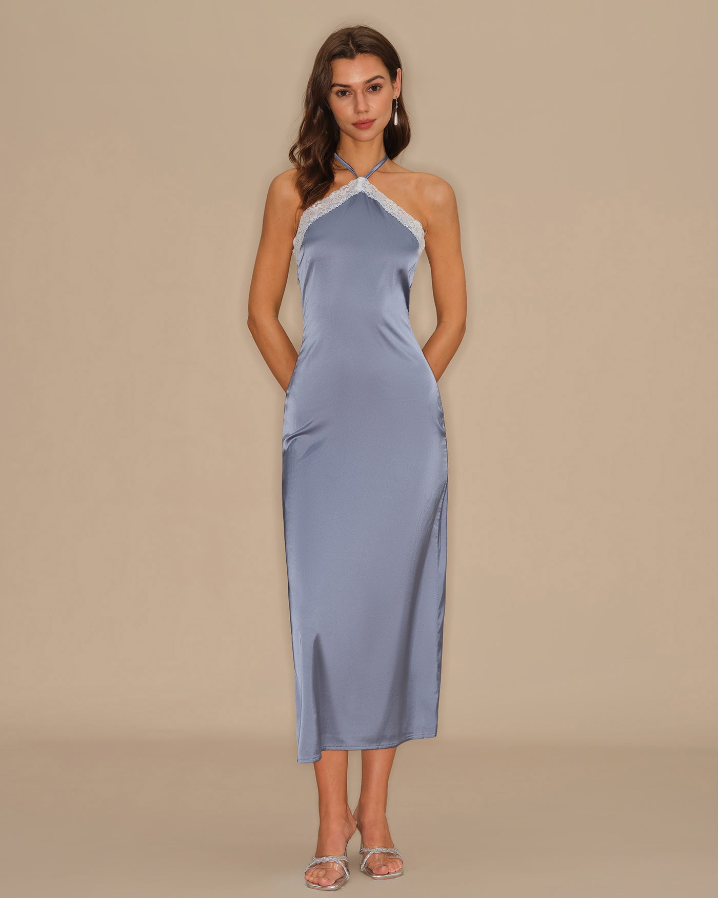 Blue Halter Slip Midi Dress
