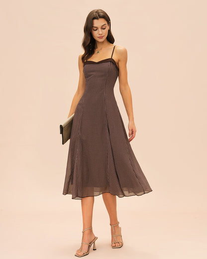 Brown Sweetheart Neck Plaid Slip Midi Dress