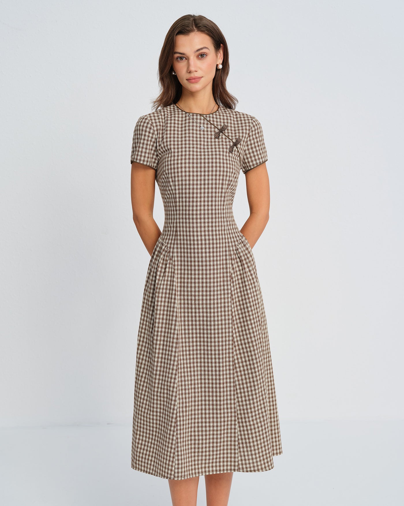 Brown Plaid Round Neck Midi Dress