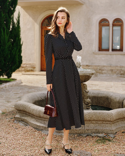 Black Polka Dot Collar Midi Dress