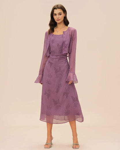 Purple Floral Ruched Slip Midi Dress