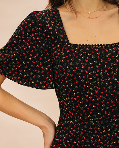 Black Square Neck Butterfly Sleeve Floral Midi Dress