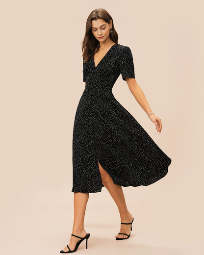 Black V Neck Polka Dot Midi Dress