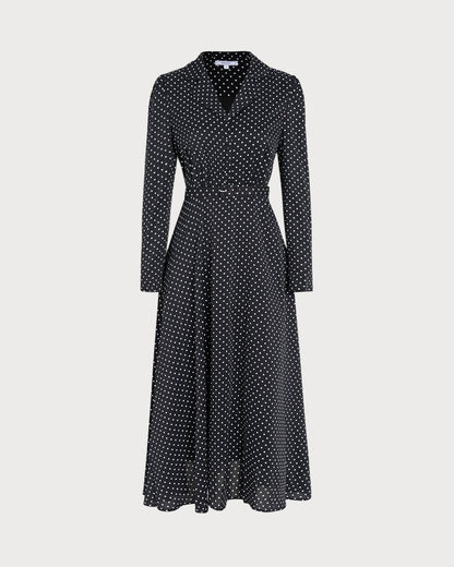 Black Polka Dot Collar Midi Dress
