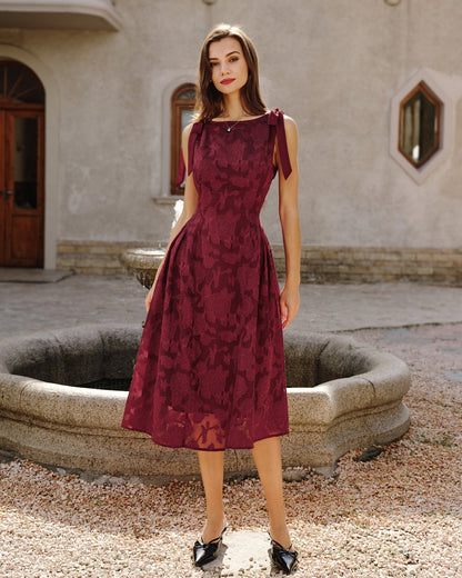 Red Jacquard Chiffon Midi Dress