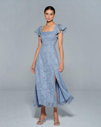 Blue Floral Square Neck Midi Dress