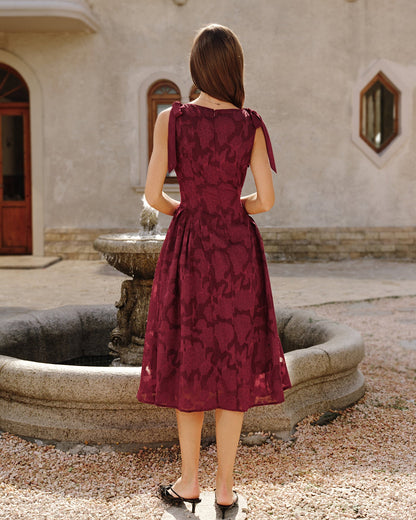 Red Jacquard Chiffon Midi Dress