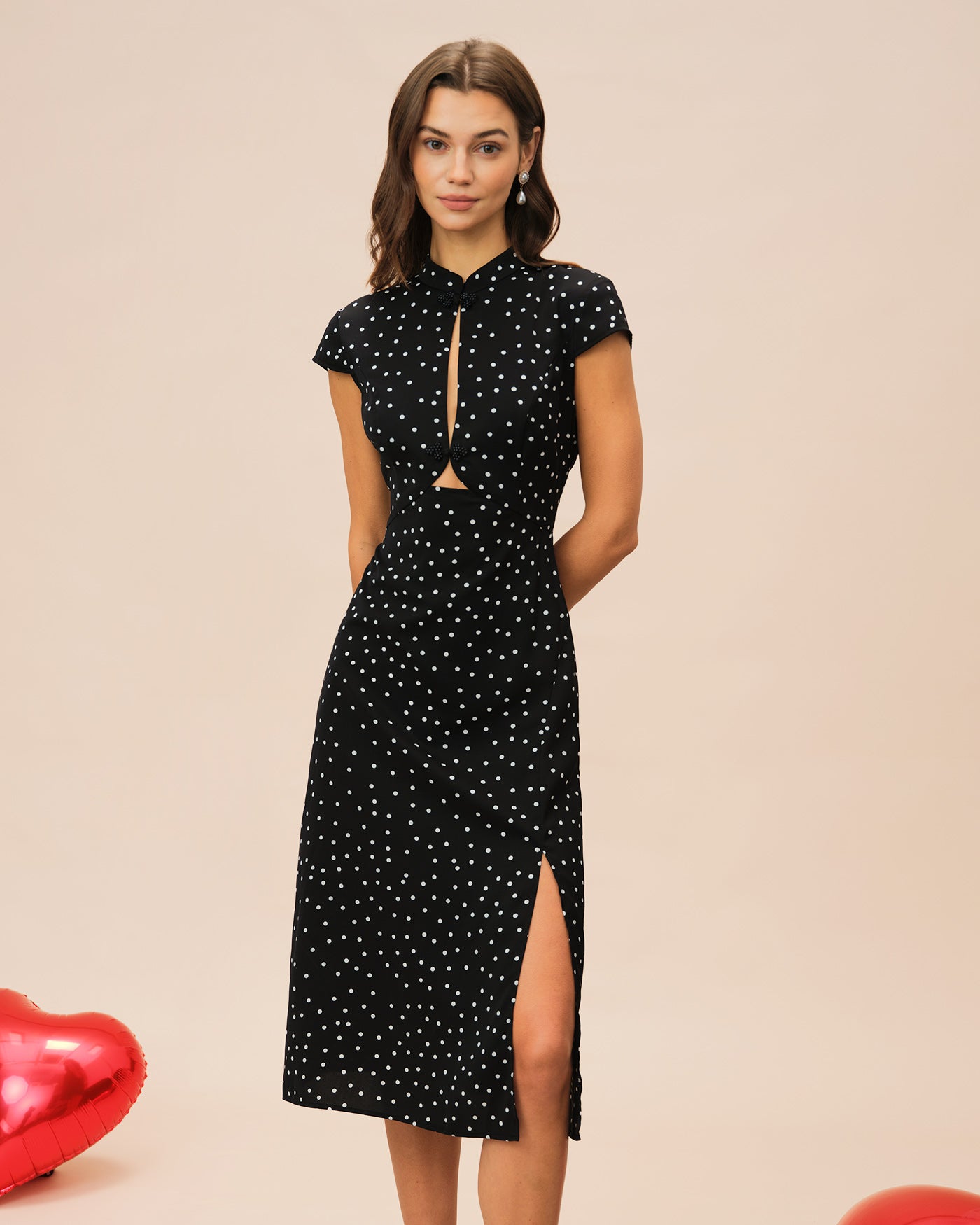 Black Mandarin Collar Polka Dot Midi Dress