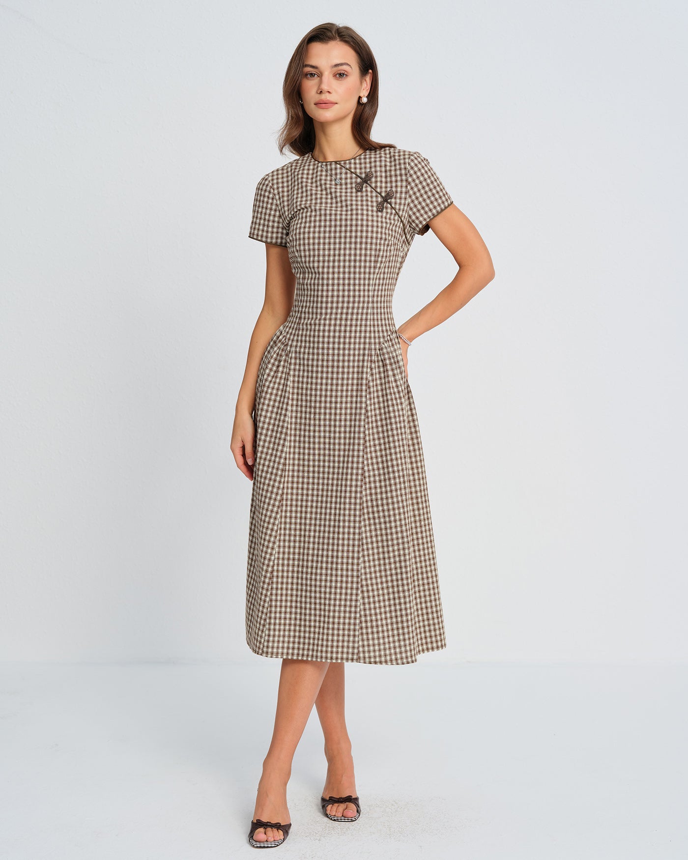 Brown Plaid Round Neck Midi Dress
