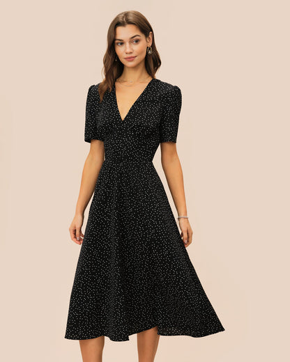 Black V Neck Polka Dot Midi Dress