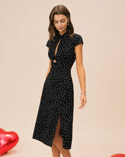Black Mandarin Collar Polka Dot Midi Dress