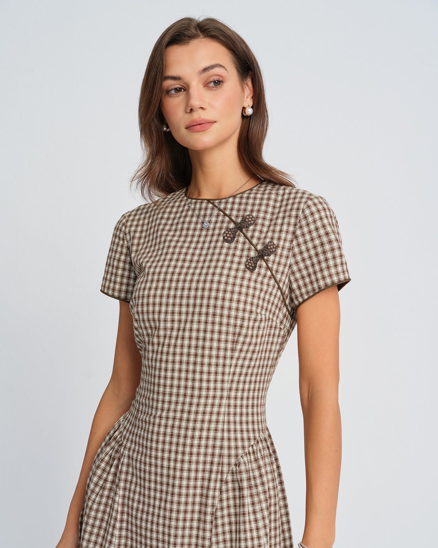Brown Plaid Round Neck Midi Dress