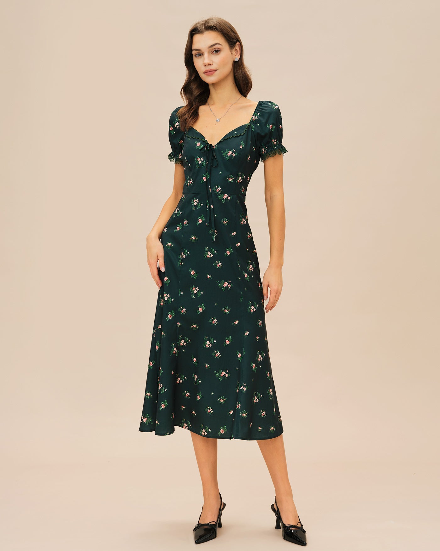 Green Puffed Sleeve Floral Midi Dress