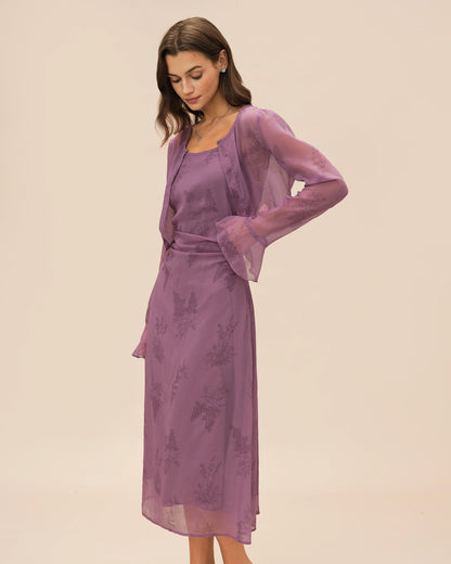 Purple Floral Ruched Slip Midi Dress