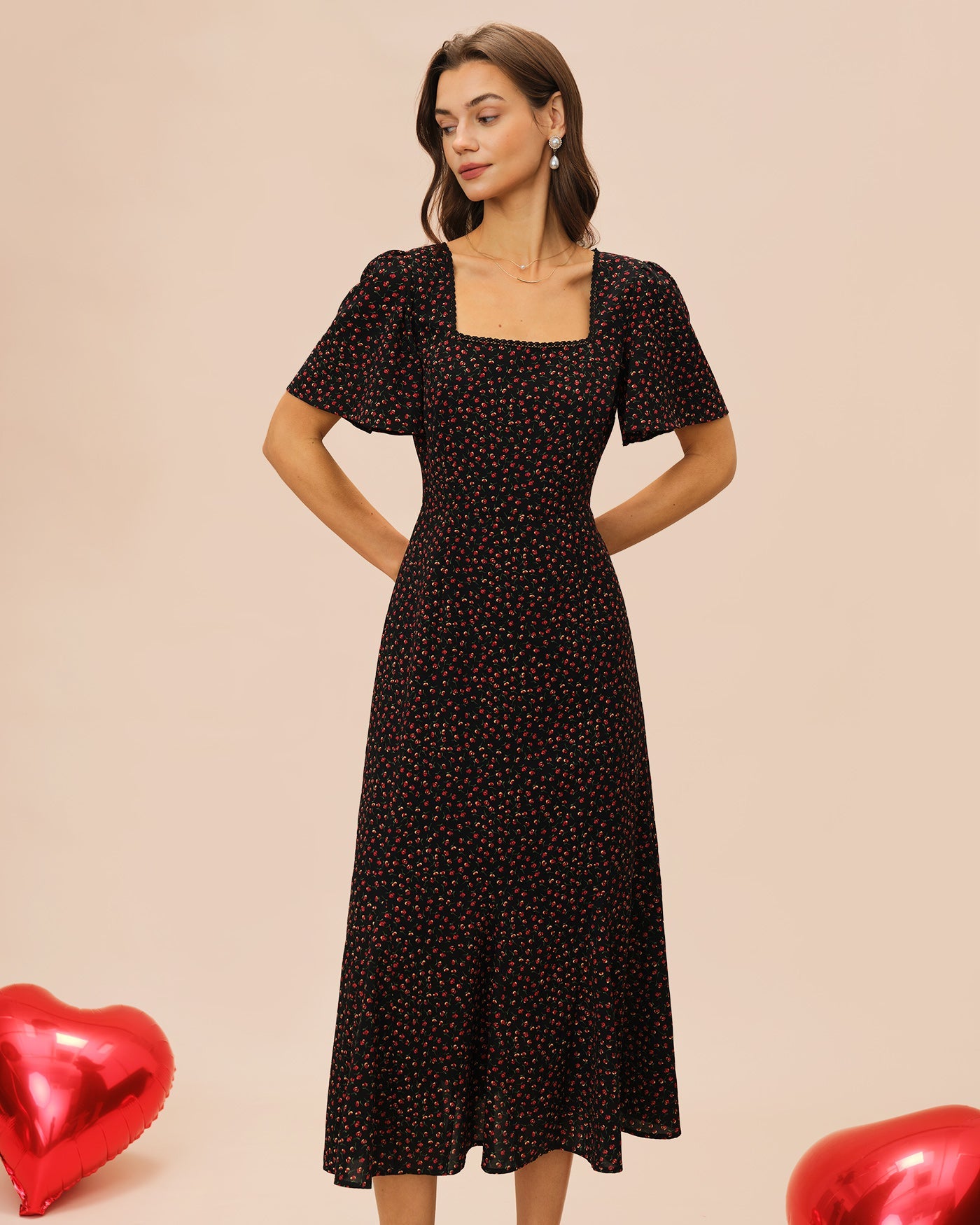 Black Square Neck Butterfly Sleeve Floral Midi Dress