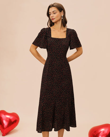 Black Square Neck Butterfly Sleeve Floral Midi Dress