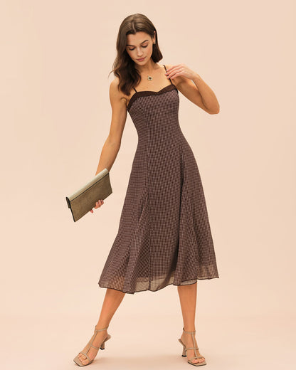 Brown Sweetheart Neck Plaid Slip Midi Dress