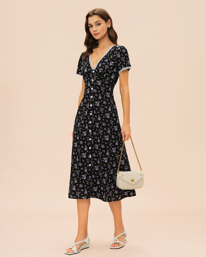 Black V Neck Lace Floral Midi Dress