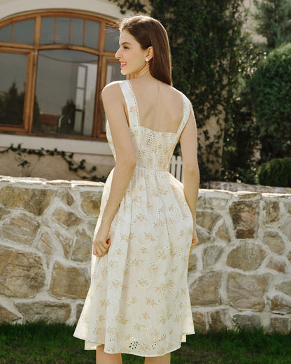 Yellow Floral Ruched Midi Dress