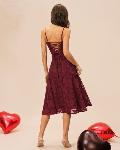 Wine Red Sweetheart Neck Jacquard Slip Midi Dress