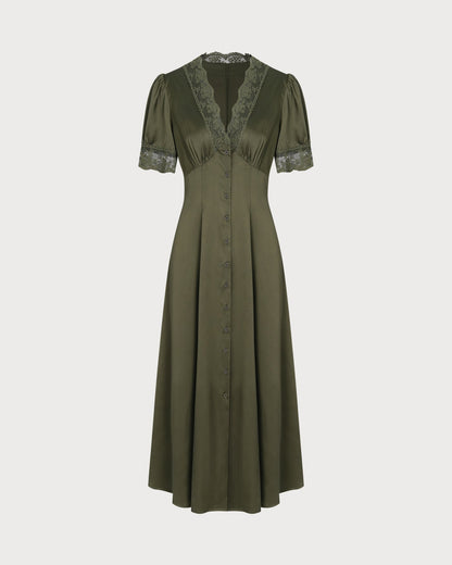 Green Lace Satin Midi Dress