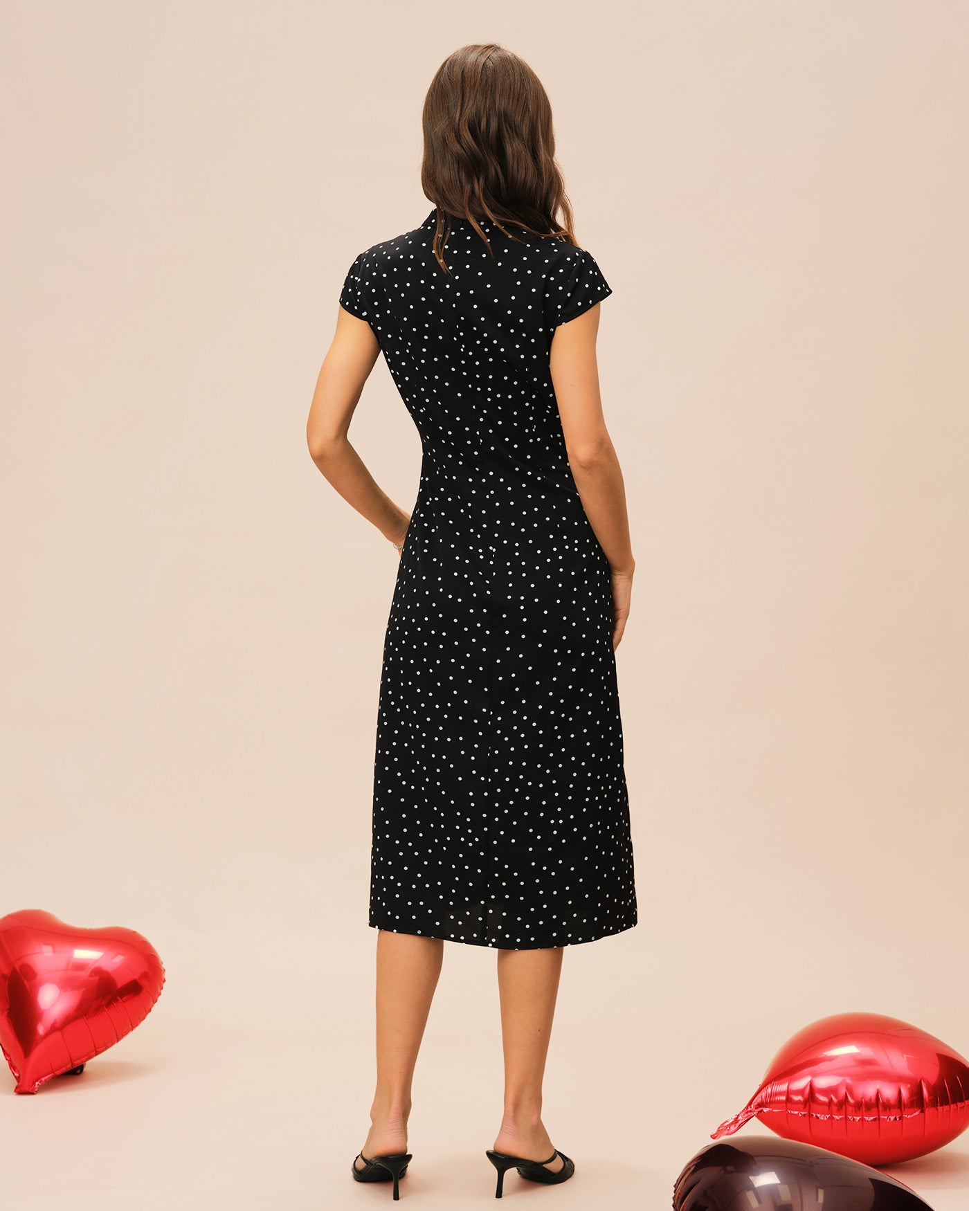 Black Mandarin Collar Polka Dot Midi Dress