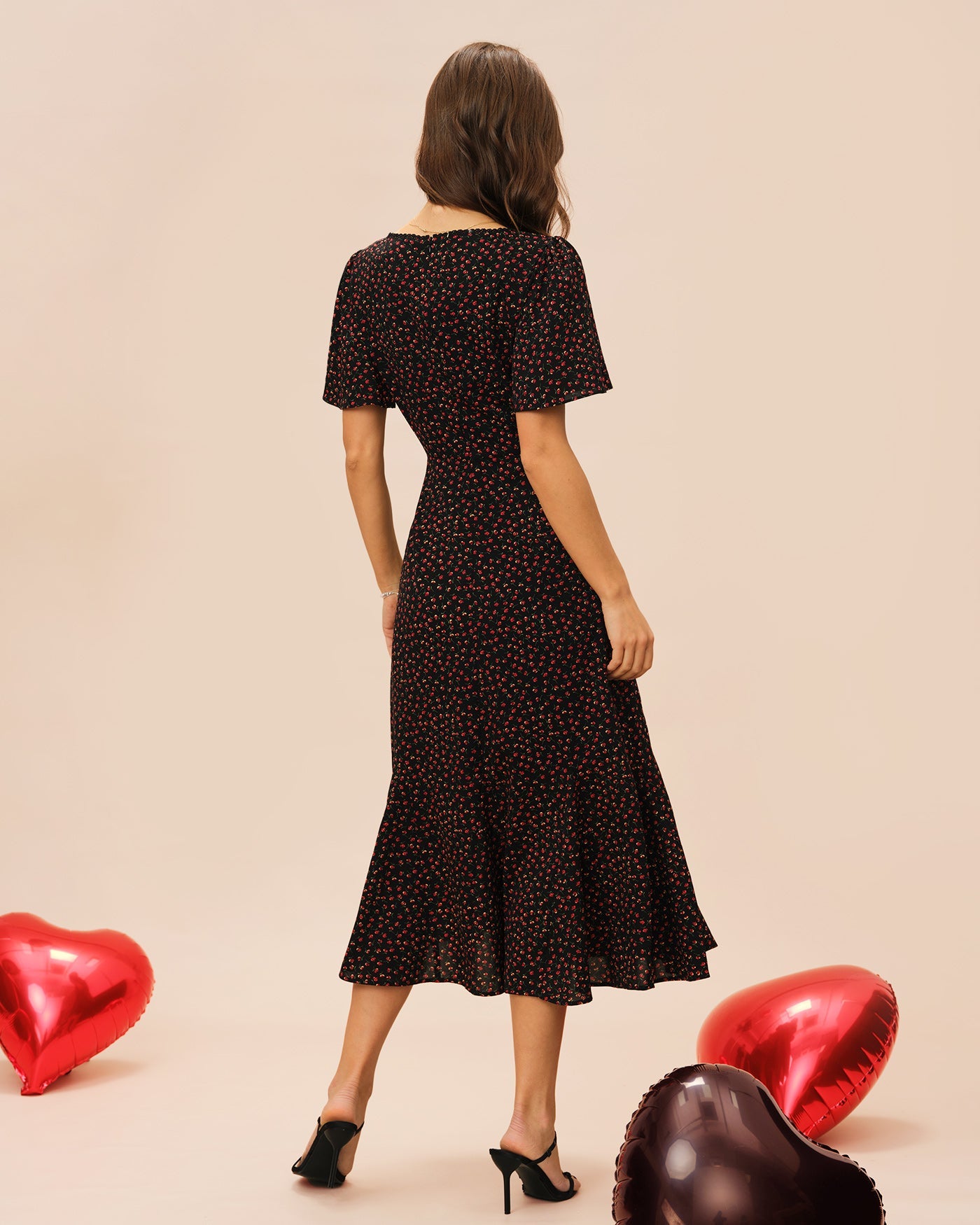 Black Square Neck Butterfly Sleeve Floral Midi Dress