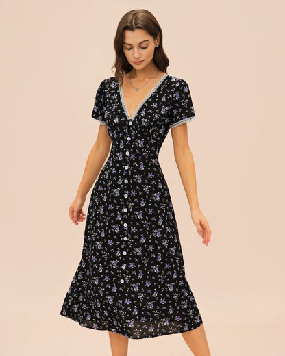 Black V Neck Lace Floral Midi Dress